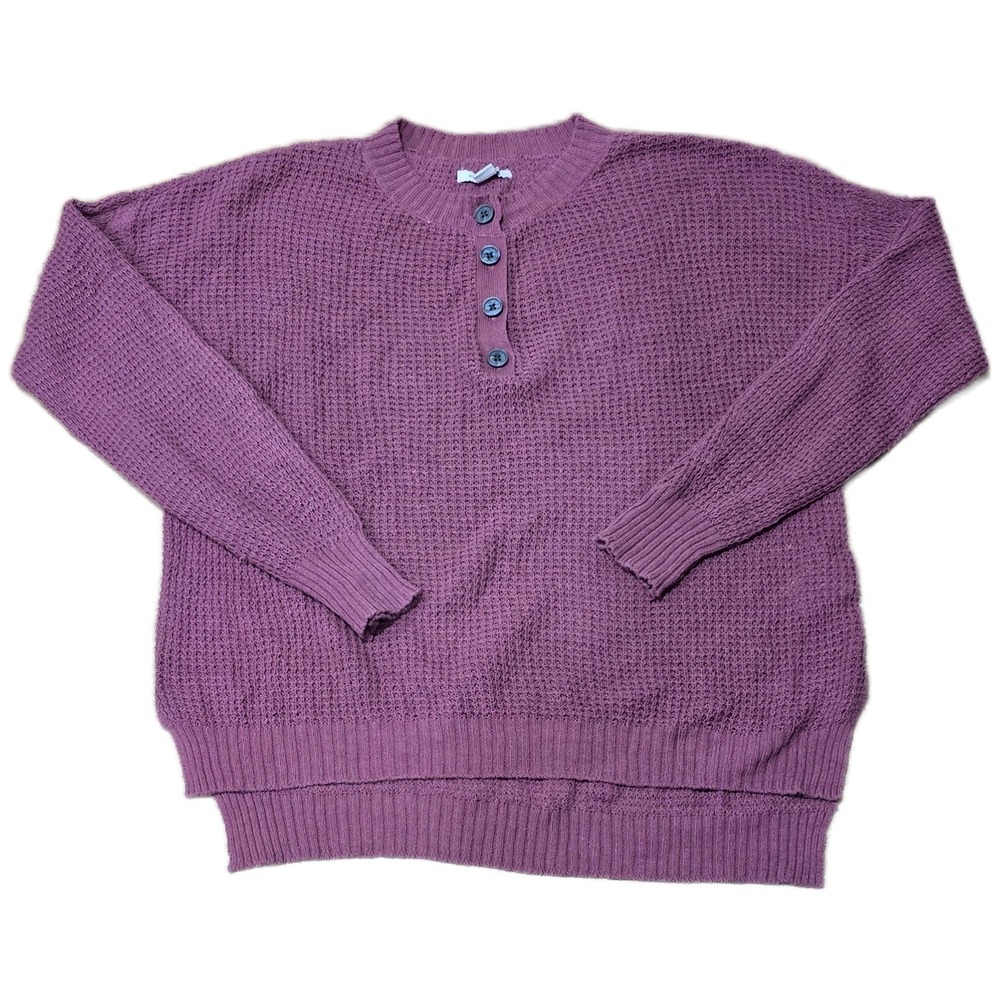 American Eagle Womens Waffle Knit Henley Sweater Berry Purple Sz XS‎ Relaxed Fit